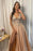 Champagne Lace V-Neck Applique With Split Prom Dress