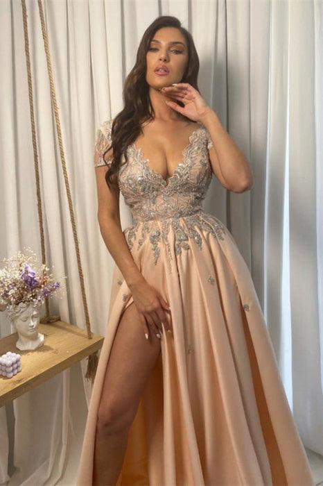 Champagne Lace V-Neck Applique With Split Prom Dress