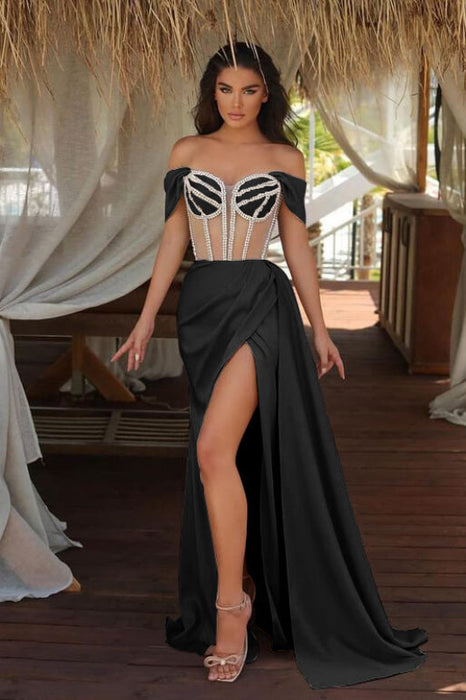 Champagne Off-The-Shoulder Mermaid Prom Dress with Beadings Split Ruffles