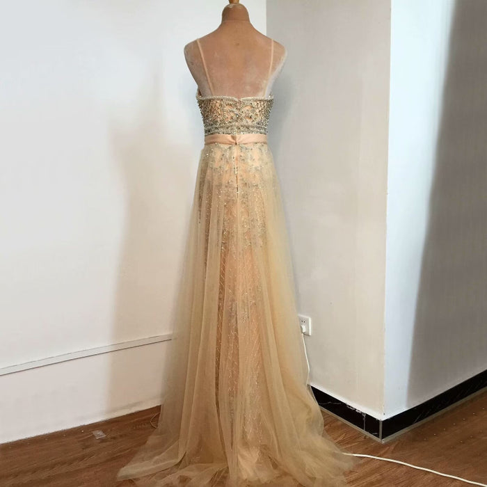 Champagne Sequined Mesh Prom Dress with Sleeveless A-Line Backless Style