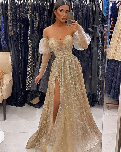 Champagne V-Neck Sequins Evening Prom Dress with Front Split and Long Sleeves