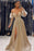 Champagne V-Neck Sequins Evening Prom Dress with Front Split and Long Sleeves