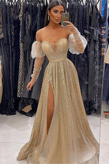 Champagne V-Neck Sequins Evening Prom Dress with Front Split and Long Sleeves