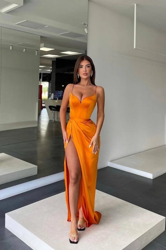 Charmeuse Sleeveless Spaghetti Strap Orange Prom Dress