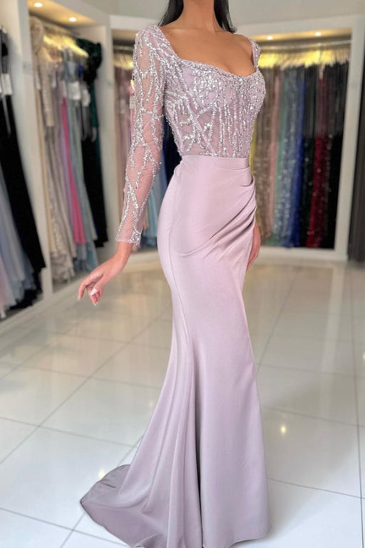 Charming Beaded Scoop Neck Ruched Satin Long Sleeves Prom Dress