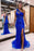 Charming Blue Sheer Straps Evening Dress with Slit, Appliques, and Beadings