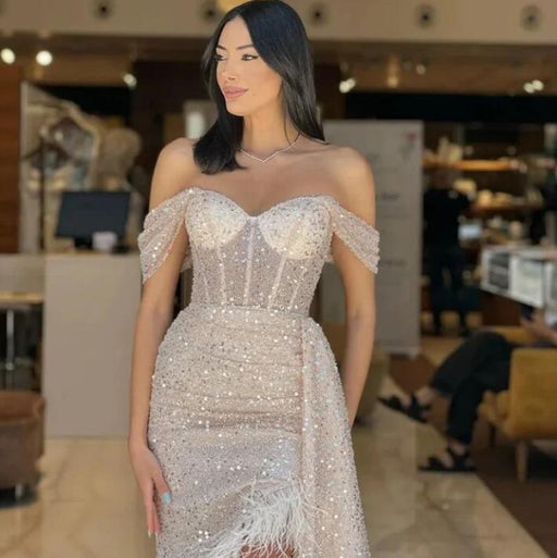 Charming Champagne Off-The-Shoulder Sequined Prom Dress with Feather