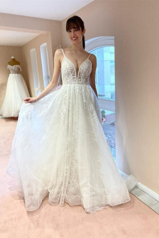 Charming Floor Length Spaghetti Straps Sleeveless A Line Lace Tulle Wedding Dress with Applique - wedding dress