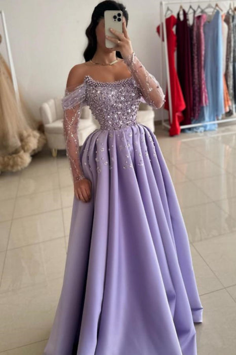 Charming Glitter Off-Shoulder A-Line Beaded Satin Prom Dress - evening dresses