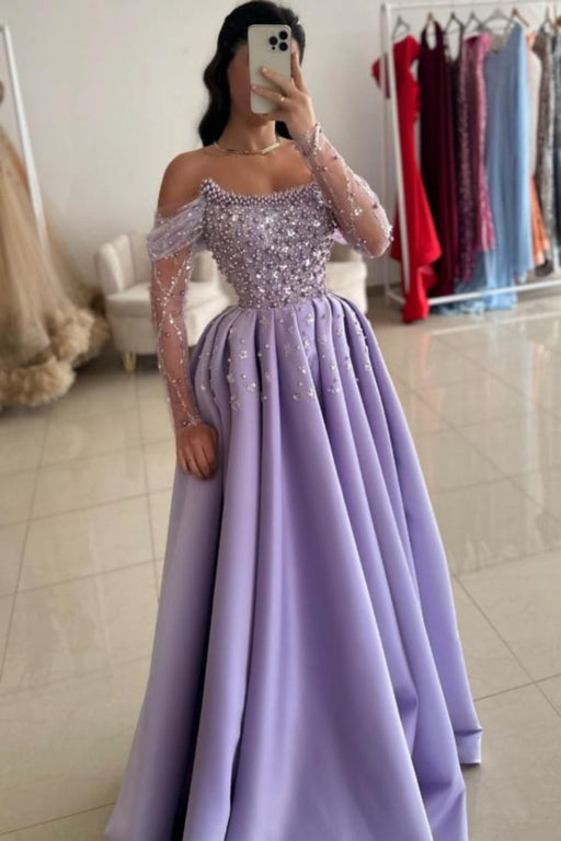 Charming Glitter Off-Shoulder A-Line Beaded Satin Prom Dress - evening dresses