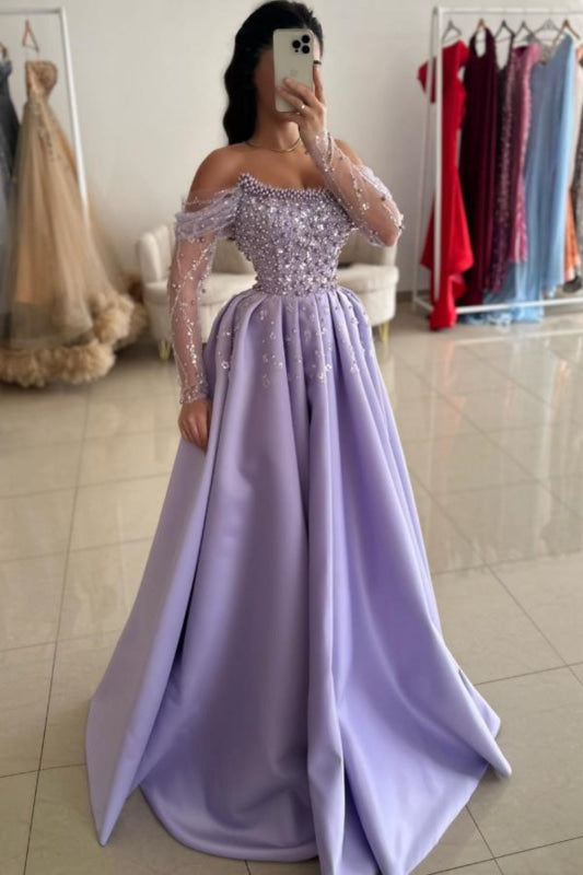 Charming Glitter Off-Shoulder A-Line Beaded Satin Prom Dress - evening dresses