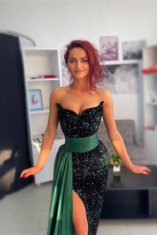 Charming Green Off-the-Shoulder Evening Dress with Belt and Sequins