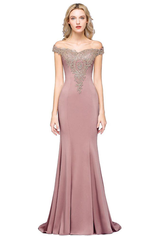 Charming Off-the-Shoulder Mermaid Evening Gown with Gold Appliques Floor Length Party Dress - Dusty Pink / US 2 - Prom Dresses