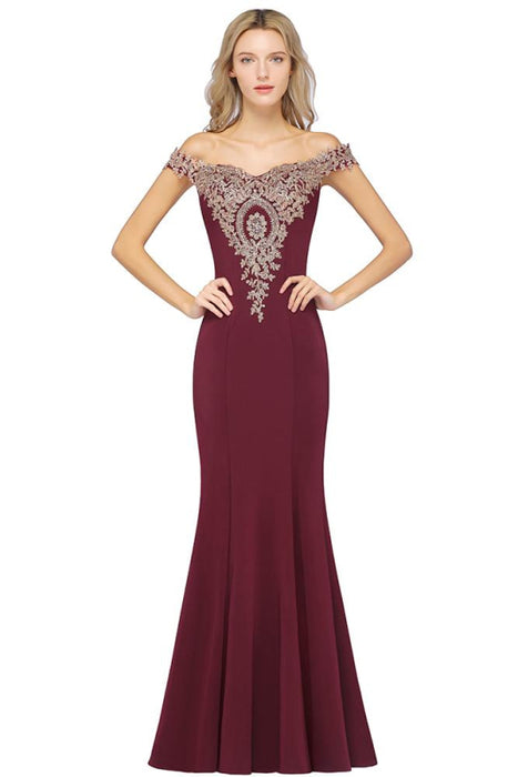 Charming Off-the-Shoulder Mermaid Evening Gown with Gold Appliques Floor Length Party Dress - Burgundy / US 2 - Prom Dresses