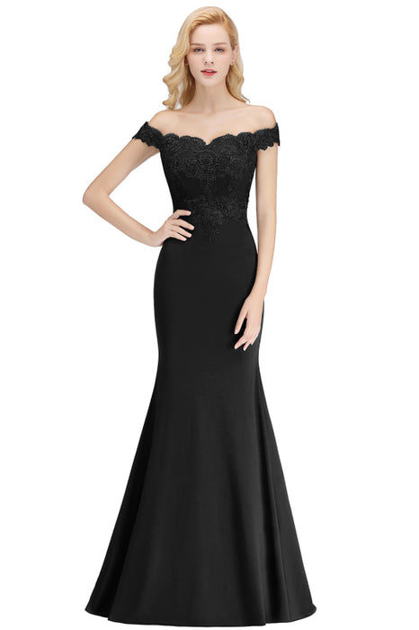 Charming Off-the-Shoulder Tulle Lace Appliques Mermaid Evening Gowns - Black / US 2 - Prom Dresses