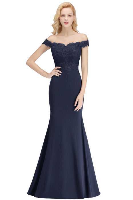 Charming Off-the-Shoulder Tulle Lace Appliques Mermaid Evening Gowns - Navy Blue / US 2 - Prom Dresses