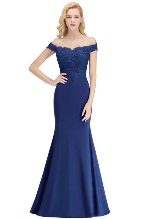 Charming Off-the-Shoulder Tulle Lace Appliques Mermaid Evening Gowns - Royal Blue / US 2 - Prom Dresses