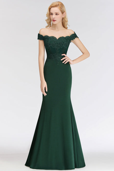 Charming Off-the-Shoulder Tulle Lace Appliques Mermaid Evening Gowns - Dark Green / US 2 - Prom Dresses