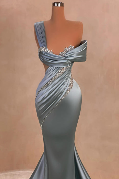 Charming One-Shoulder Beaded Mermaid Ruched Satin Evening Dress with Train-B