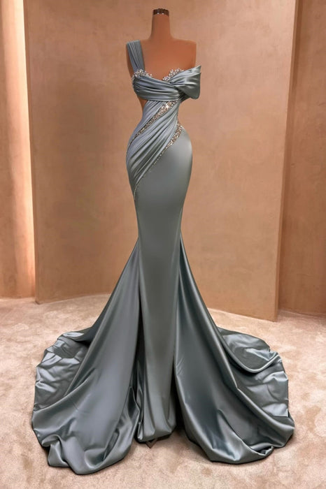 Charming One-Shoulder Beaded Mermaid Ruched Satin Evening Dress with Train-B