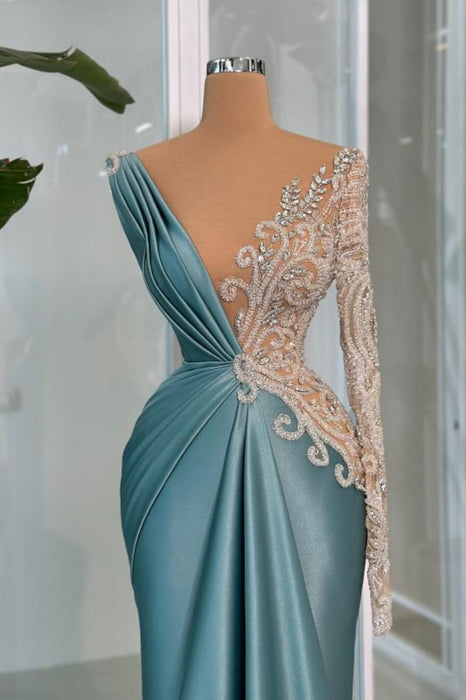 Charming One-Shoulder Deep V-Neck Appliques Lace Satin Prom Dress