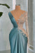 Charming One-Shoulder Deep V-Neck Appliques Lace Satin Prom Dress