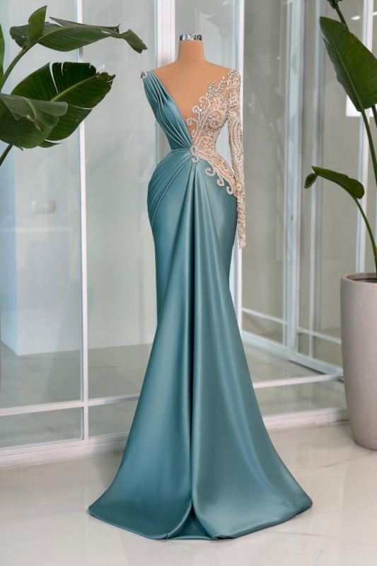 Charming One-Shoulder Deep V-Neck Appliques Lace Satin Prom Dress