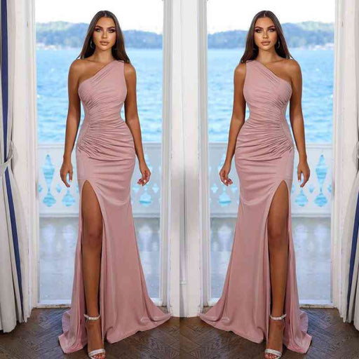 Charming Pink One-Shoulder Pleated Prom Dress with Split