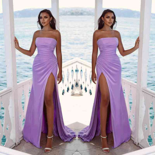 Charming Purple Strapless Sleeveless Long Evening Dress with Slit and Pleated