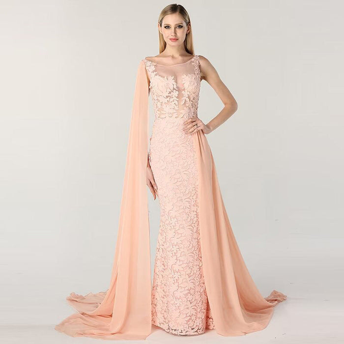 Charming Red Lace Printed A-Line Long Prom Dress with Trail