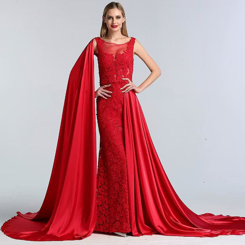 Charming Red Lace Printed A-Line Long Prom Dress with Trail