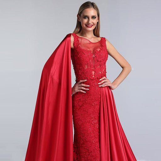 Charming Red Lace Printed A-Line Long Prom Dress with Trail