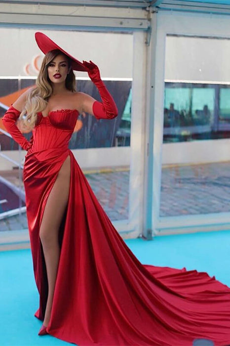 Charming Red Off-the-Shoulder Strapless Long Sleeve Evening Dress with Slit