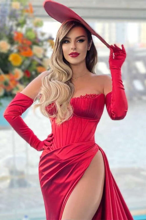 Charming Red Off-the-Shoulder Strapless Long Sleeve Evening Dress with Slit