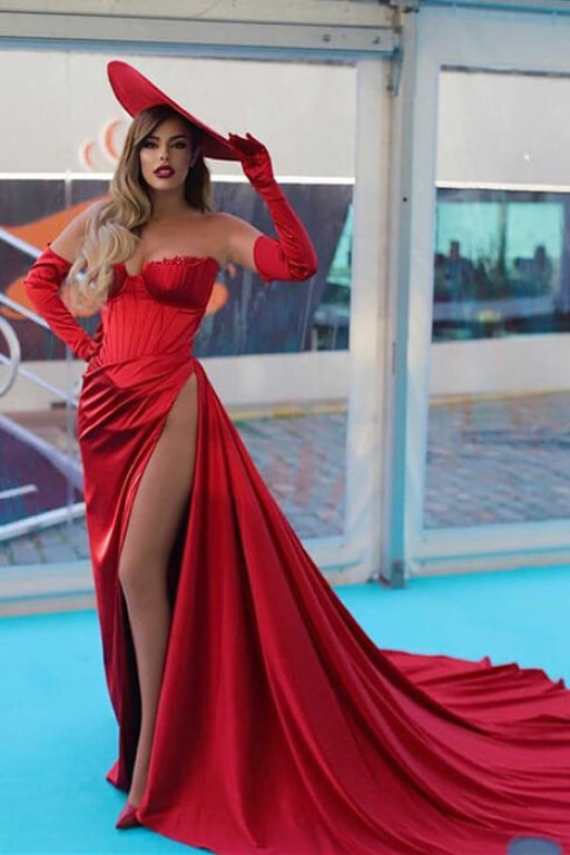 Charming Red Off-the-Shoulder Strapless Long Sleeve Evening Dress with Slit