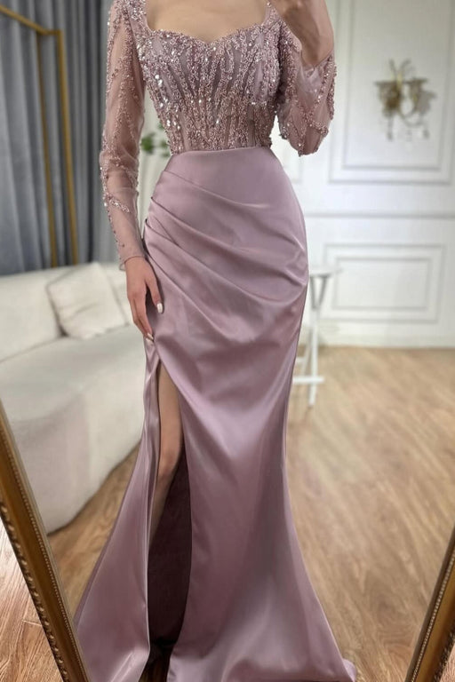 Charming Scoop Neck Beaded Lace Ruched Satin Side Split Prom Dress