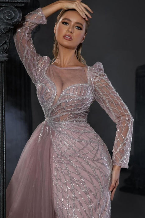 Charming Sweetheart Long Sleeves Beaded Sheath Long Prom Dress