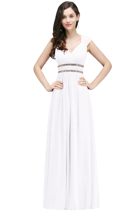 Charming V-Neck Aline Evening Dress with Chains Sleeveless Empire Chiffon Bridesmaid Dress - White / US 2 - Prom Dresses