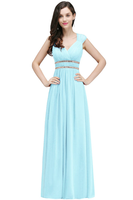 Charming V-Neck Aline Evening Dress with Chains Sleeveless Empire Chiffon Bridesmaid Dress - Sky Blue / US 2 - Prom Dresses