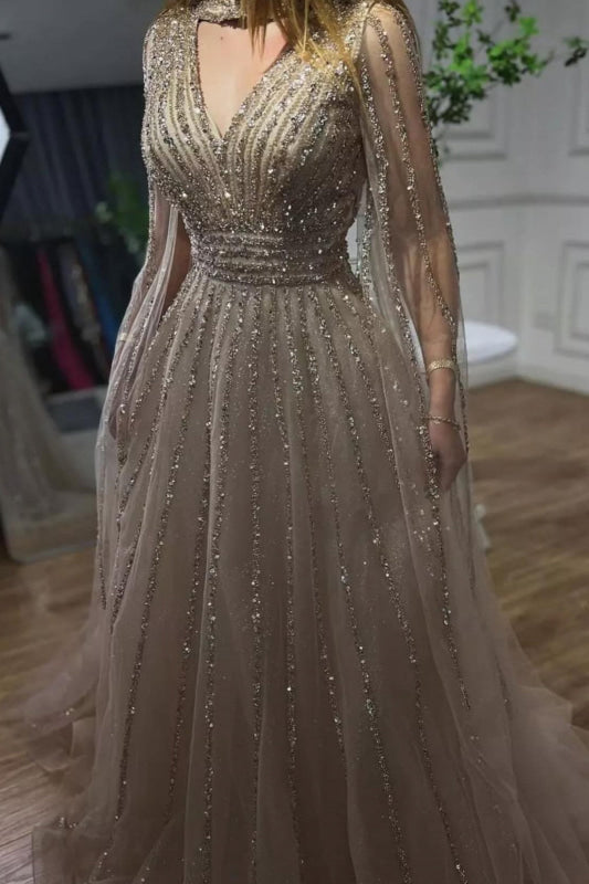 Charming V-Neck Beaded Lace Tulle Long Sleeves A-Line Prom Dress