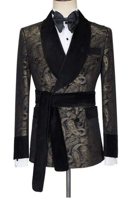 Scott Classic Black Shawl Lapel Double Breasted Jacquard Wedding Suits