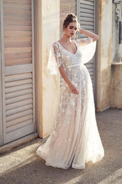 Cheap V Neck Half Sleeve Lace Boho Wedding Dresses - wedding dresses