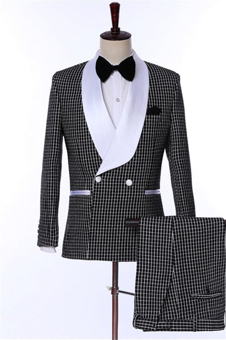 Daniel Chic Black Shawl Lapel Double Breasted Plaid Wedding Suits