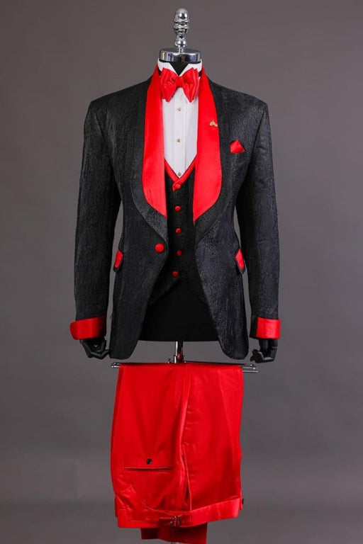 Bryant Chic Black Jacquard Three Pieces Wedding Suits With Red Lapel