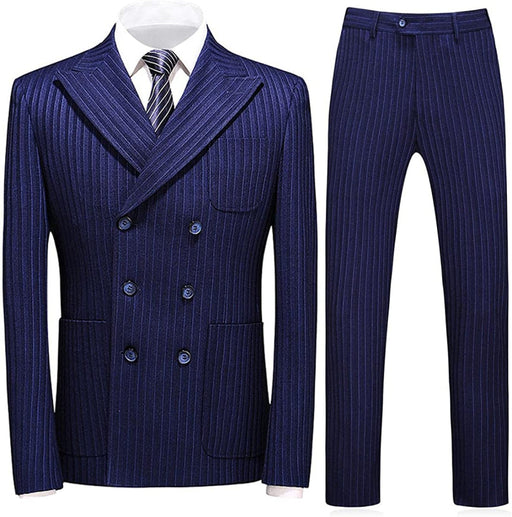 Ethan Chic Blue Double Breasted Peaked Lapel Striped Men Business Suits