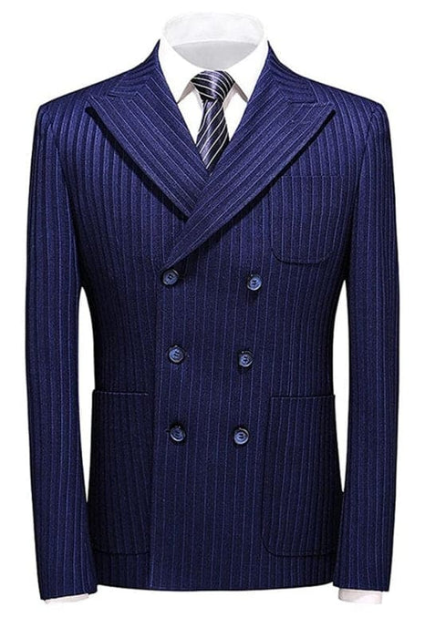 Ethan Chic Blue Double Breasted Peaked Lapel Striped Men Business Suits