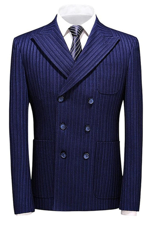 Ethan Chic Blue Double Breasted Peaked Lapel Striped Men Business Suits