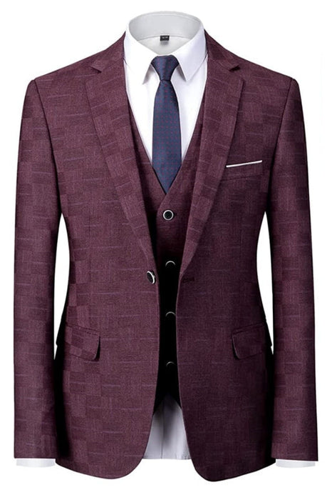 Iexus Chic Burgundy Plaid Notched Lapel Three Pieces Business Suits For Men