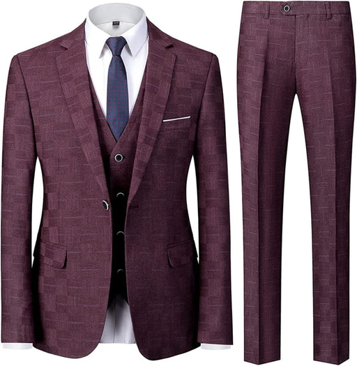 Iexus Chic Burgundy Plaid Notched Lapel Three Pieces Business Suits For Men