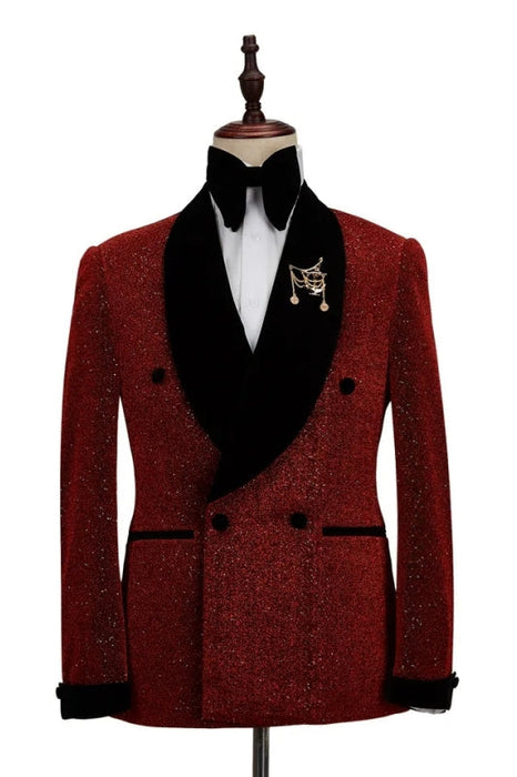 Steve Chic Burgundy Sequins Double Breasted Wedding Suits With Black Velvet Lapel